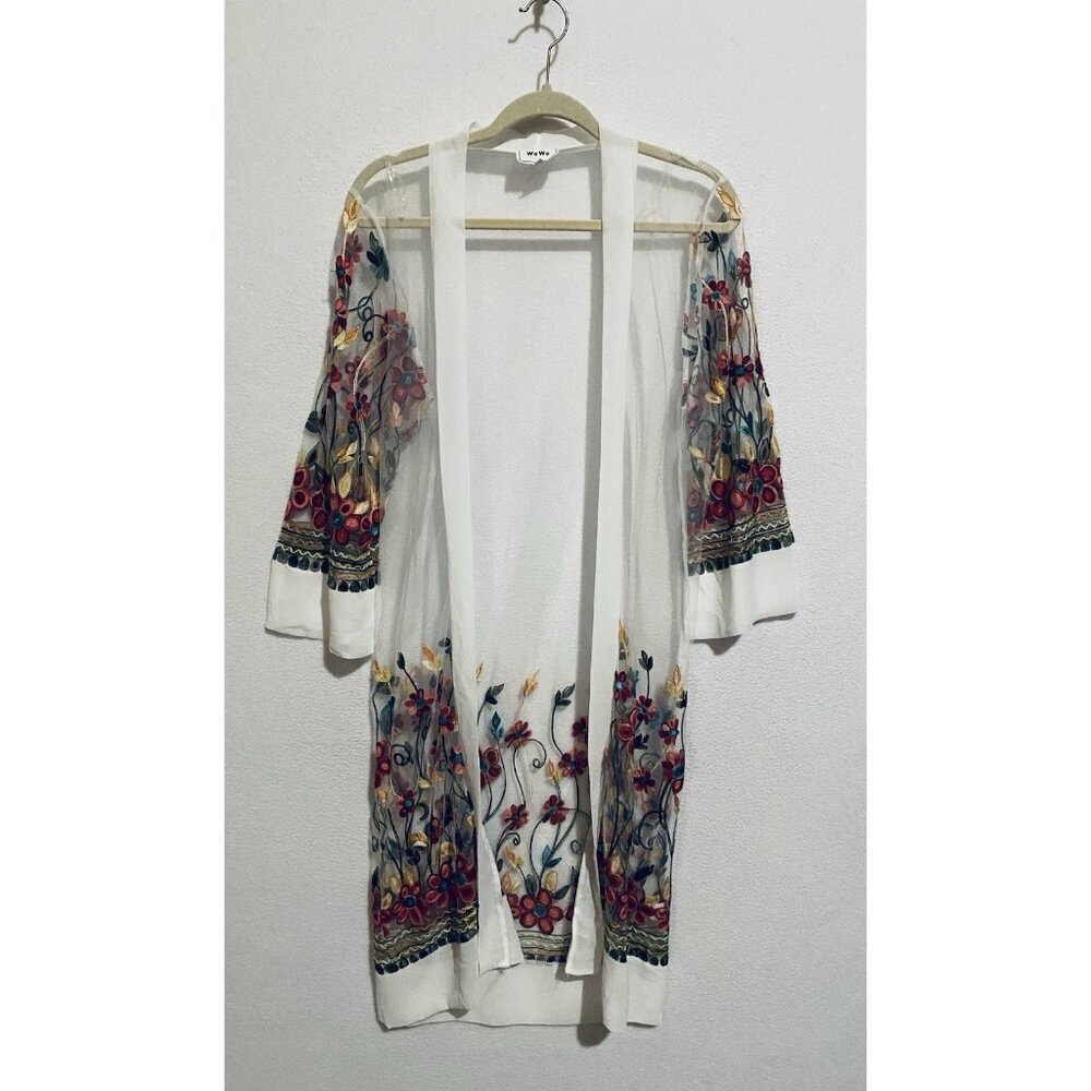 WoWo Top Womens Medium Embroidered Tulle Coverup Open Front Cardigan Boho Flirty